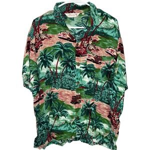 Uluwatu Bali Island Button Down Shirt Palm Trees Vintage Car Blue Red Size Large